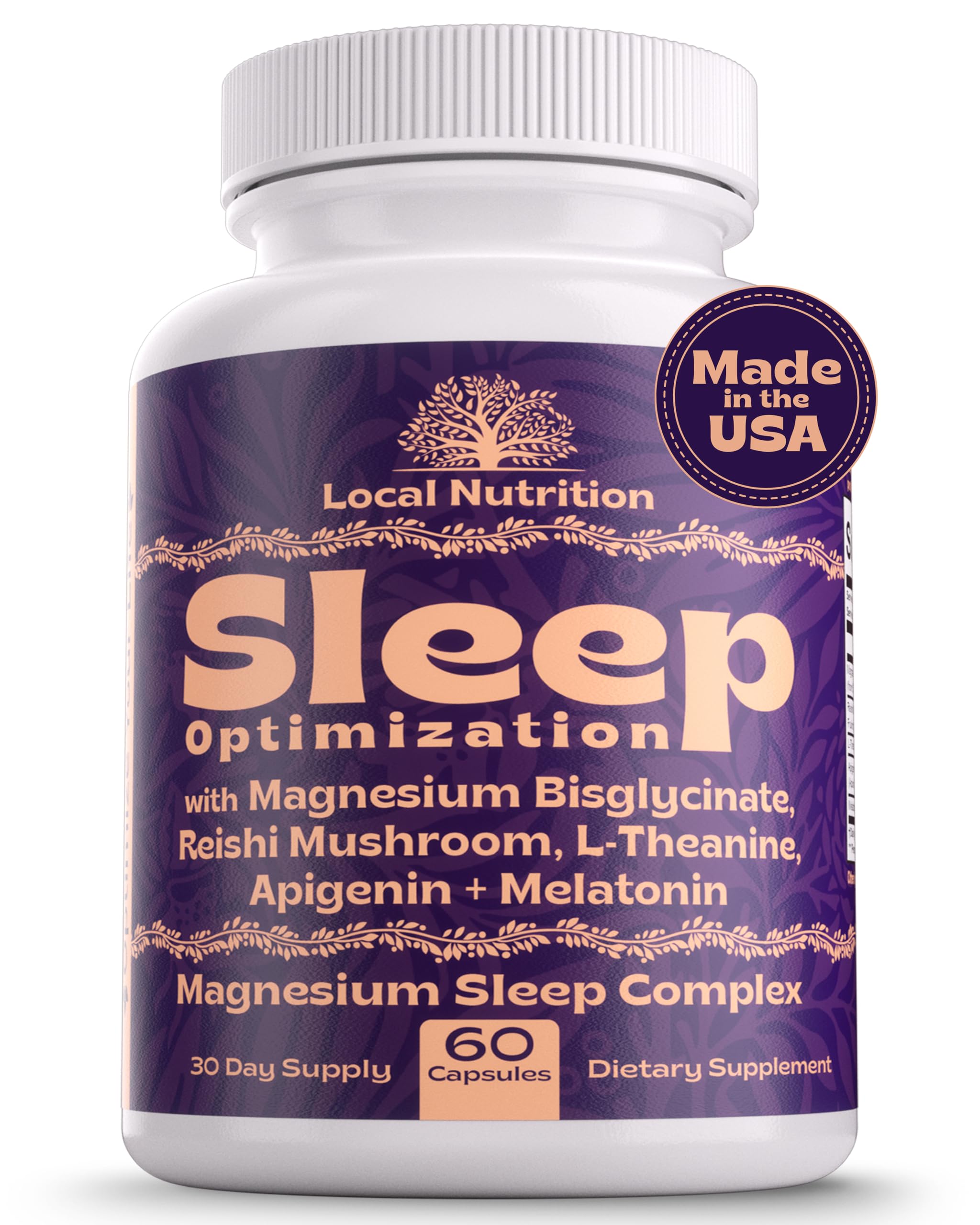 Local Nutrition Natural Sleep Aid with Magnesium Glycinate, Reishi Mushroom Extract, L-Theanine, Apigenin, and Melatonin - Sleep Supplement for Adults Seeking Deep Rest - 60 Capsules, Made in the USA