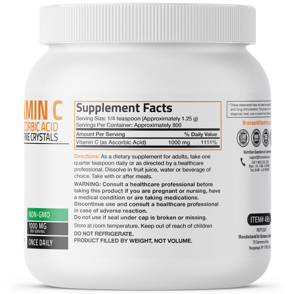 Bronson Vitamin C Powder Pure Ascorbic Acid Soluble Fine Non GMO Crystals – Promotes Healthy Immune System and Cell Protection – Powerful Antioxidant - 1 Kilogram (2.2 Lbs)