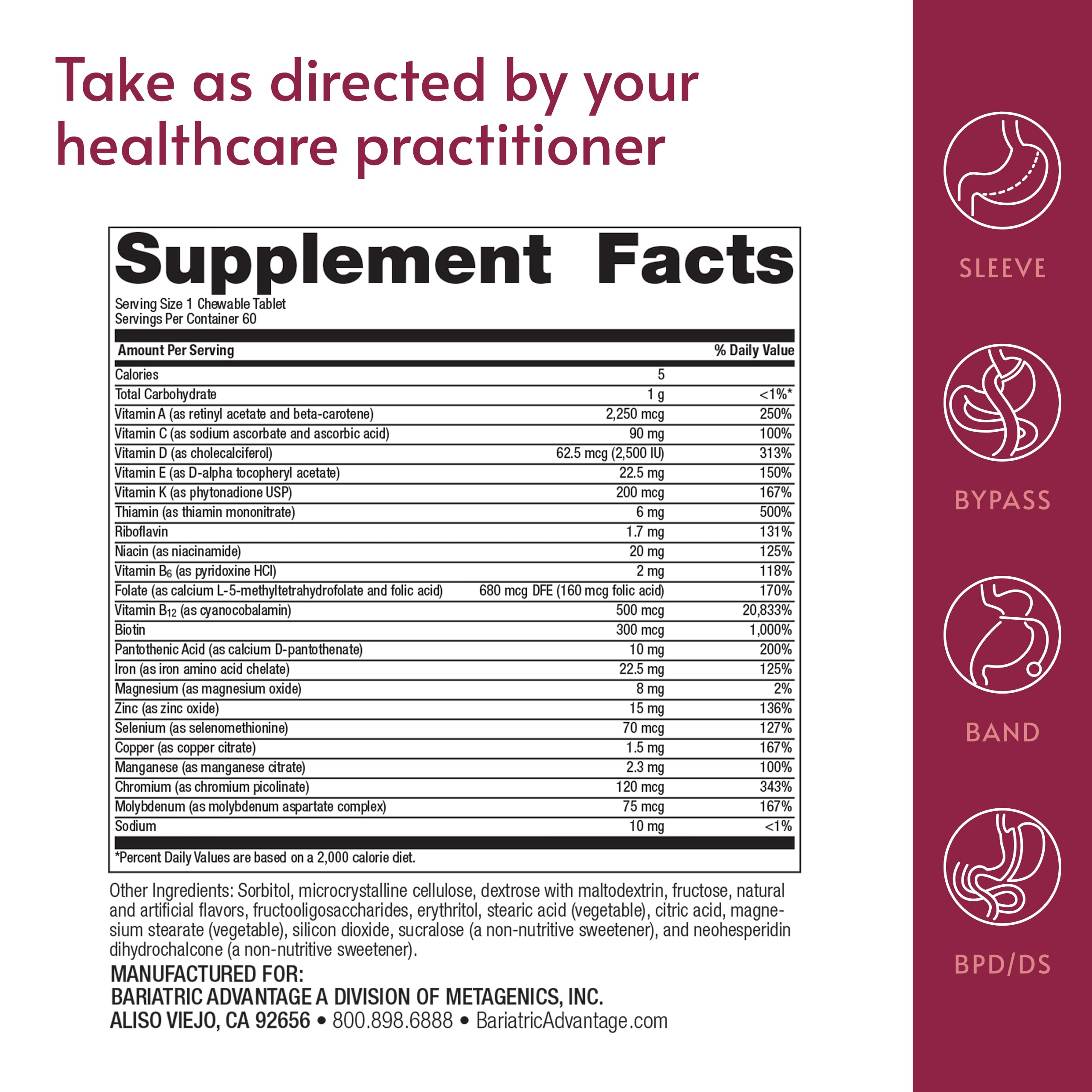 Bariatric Advantage Chewable Ultra Solo with Iron - Once-Per-Day Daily Multivitamin - for Bariatric Patients - with Thiamin, Vitamin A & More - Gluten Free - Citrus - 30 Tablets