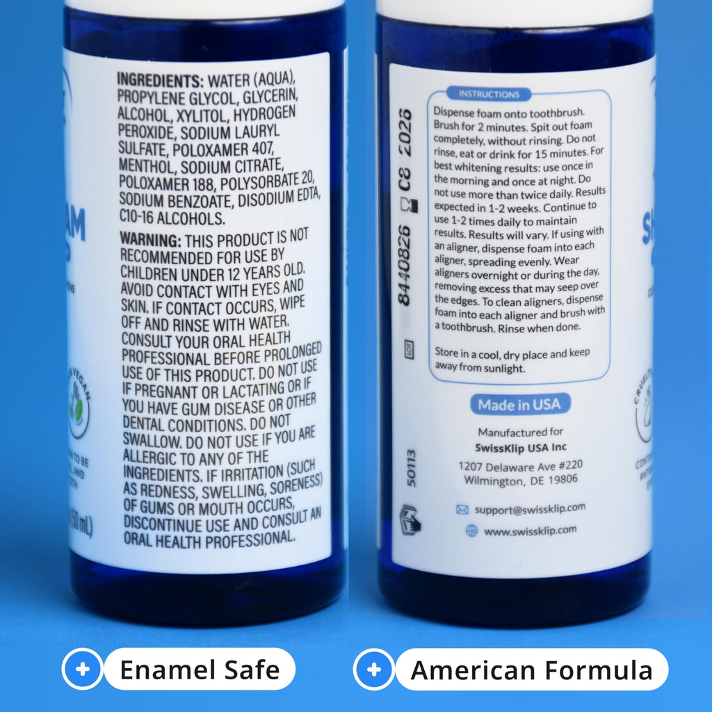 Swissker by Swissklip ShineFoam | Teeth Whitening Foam | Mint Flavor Whitening Toothpaste | Teeth Whitener I Professional Teeth Whitening Kit | 100% Vegan - Made in USA - 1.69 oz - Pack 2