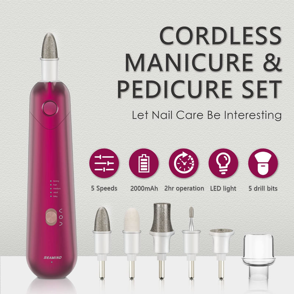 Professional Manicure Pedicure Set, Cordless Electric Nail File Kit, Rechargeable Nail Grinder for Thick Nails, 5 Speeds Hand Foot Nail Care Trimmer Buffer Tools (Red)