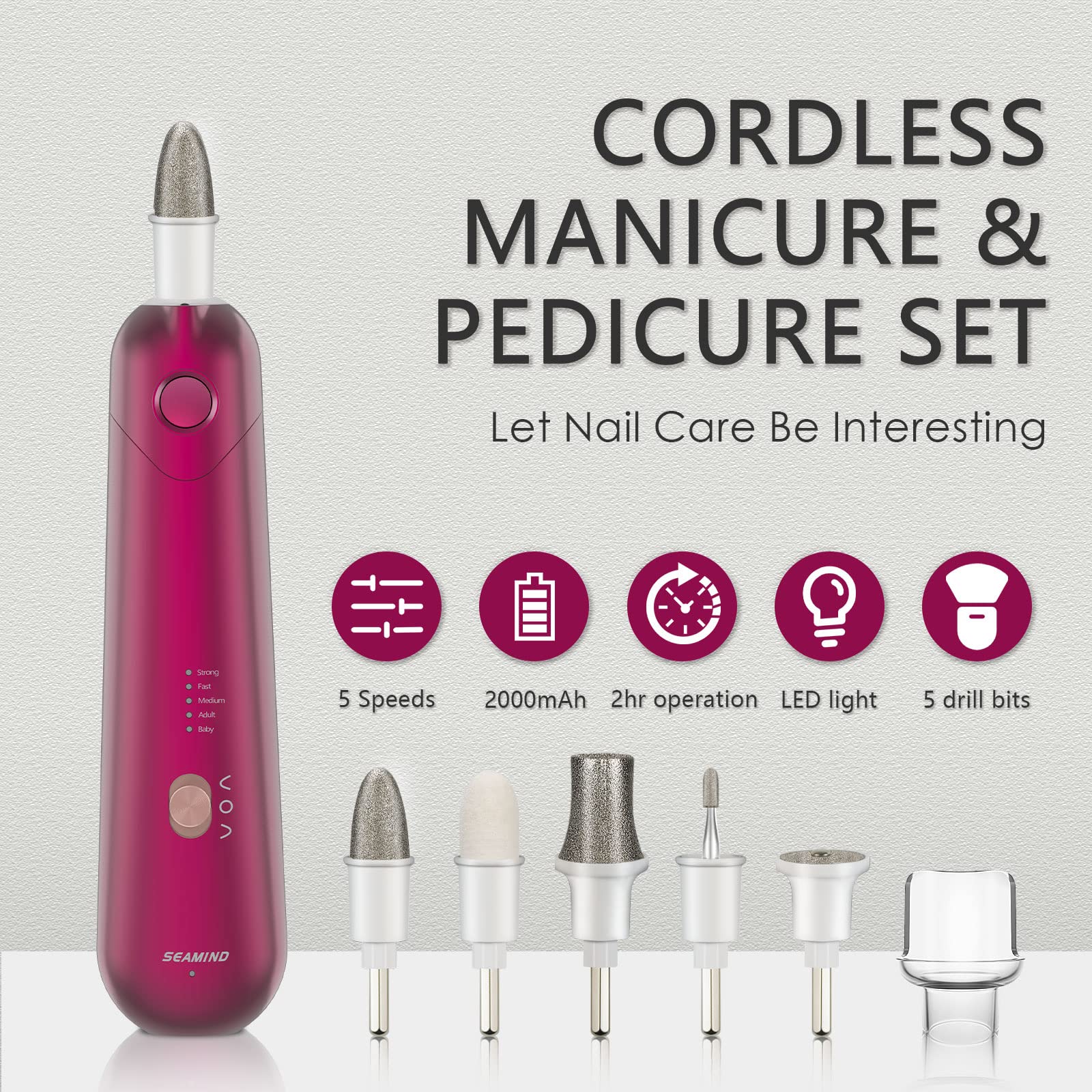 Professional Manicure Pedicure Set, Cordless Electric Nail File Kit, Rechargeable Nail Grinder for Thick Nails, 5 Speeds Hand Foot Nail Care Trimmer Buffer Tools (Red)