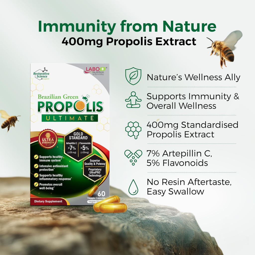 LABO Nutrition Brazilian Green Propolis Ultimate 3-Pack (60 Capsules Per Box) Bee Propolis 400mg Extract for Immune & Antioxidant Support, Sourced from Brazil, 180 Total Vegan Capsules, Made in Japan