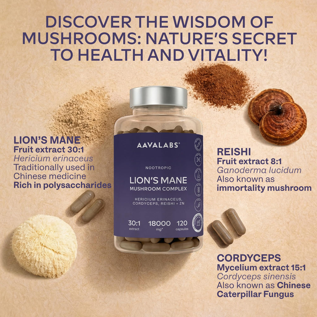 Lions Mane Supplement-18,000mg (30:1 Extract)+Zinc, Reishi & Cordyceps-3 Mushrooms Herbal supplements -Nootropic Complex Lion's Mane Mushroom Supplement-120 Lion's Mane Capsules(Not Lions Mane Powder)