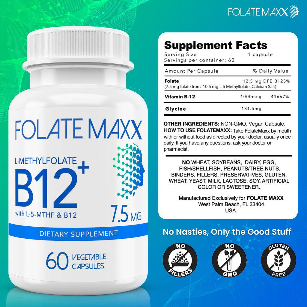 FOLATE MAXX L Methylfolate 7.5mg Plus B12 Methyl - 60 Capsules - 5-MTHF with B12 Methylcobalamin Supplement for Mood, Methylation and Cognition - Bioactive Forms of Vitamin B9 & B12-2 Month Supply