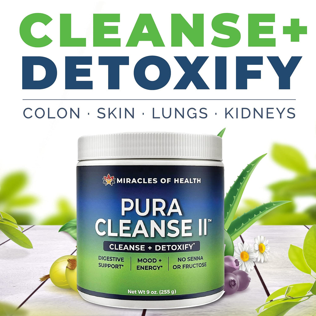 Miracles of Health Pura Cleanse II Super Herb & Fiber Detox Drink - Daily Cleanse for the Colon, Lungs, Skin, and Kidneys - Made with 34 Ingredients, Soluable and Insoluable Fiber - 45 Day Supply