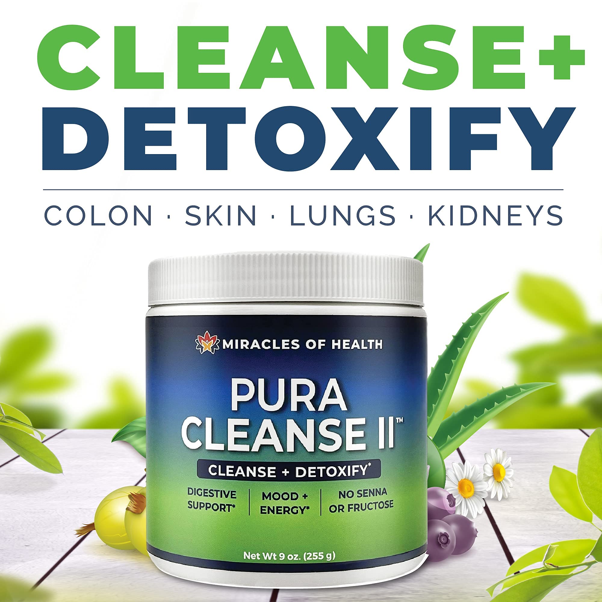 Miracles of Health Pura Cleanse II Super Herb & Fiber Detox Drink - Daily Cleanse for the Colon, Lungs, Skin, and Kidneys - Made with 34 Ingredients, Soluable and Insoluable Fiber - 45 Day Supply