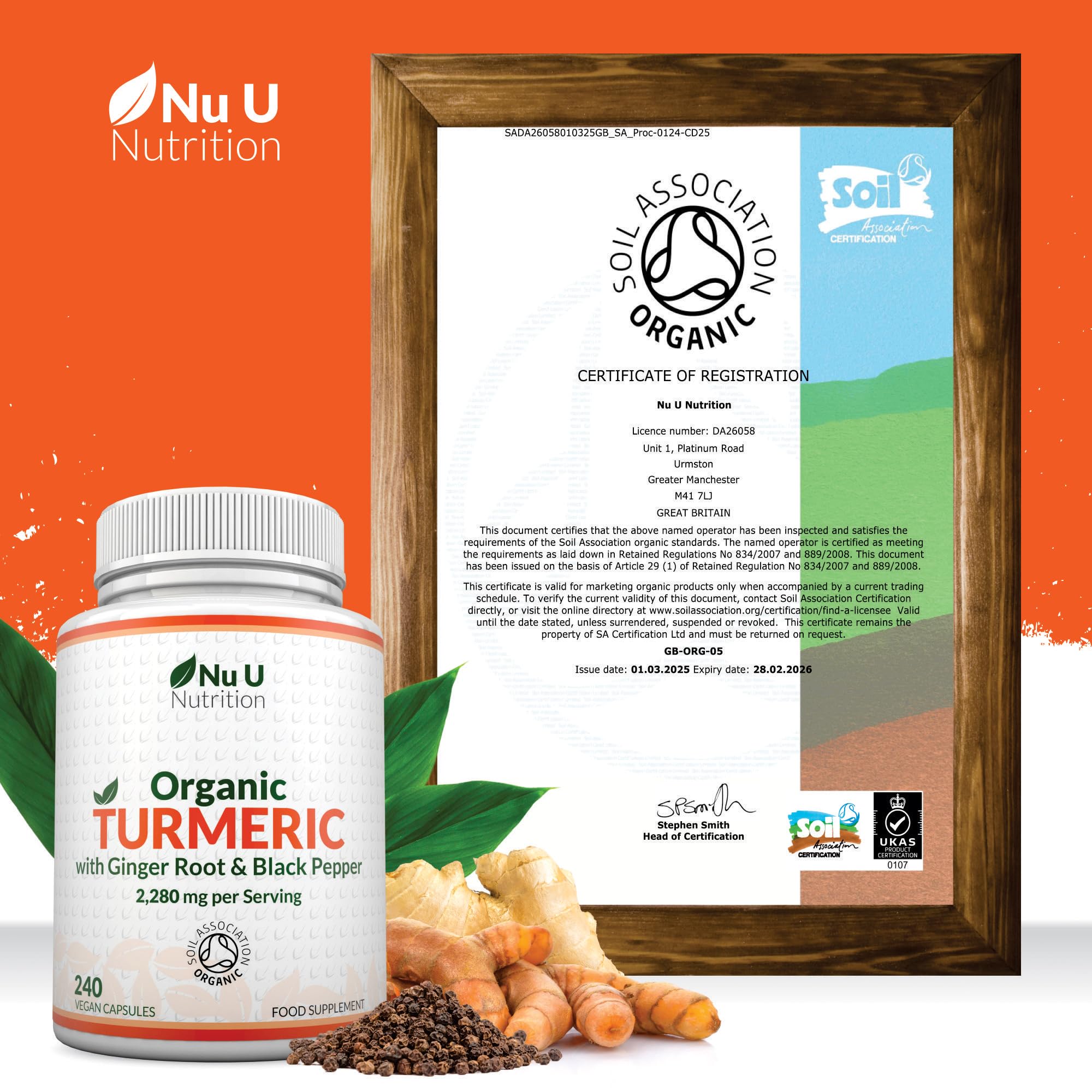 Organic Turmeric Ginger & Black Pepper 2280mg - 240 Vegan Capsules not Tablets - High Strength Tumeric Curcumin - Joints Herbal Supplement for Men and Women - Made in the UK - Nu U Nutrition