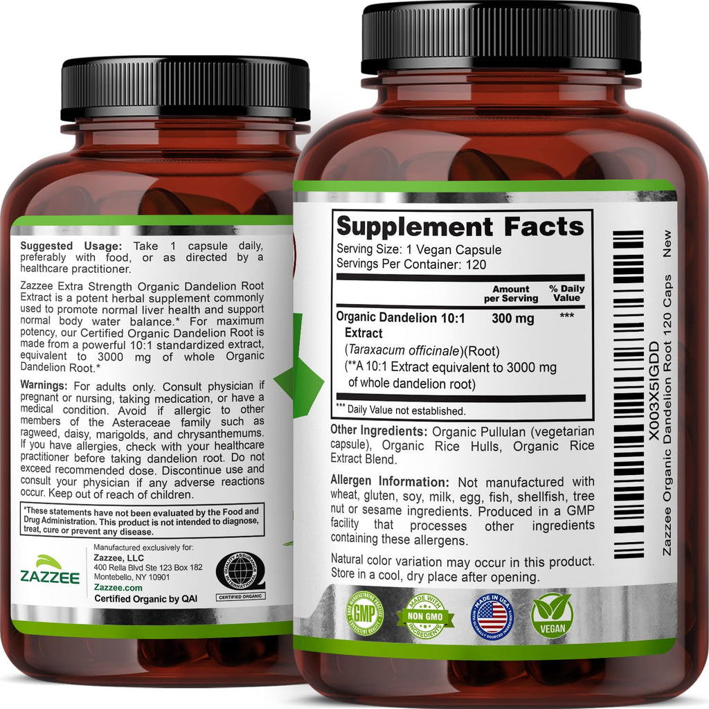 Zazzee USDA Organic Dandelion Root 10:1 Extract, 120 Capsules, 4 Month Supply, Liver & Detox Support, Taraxacum Officinale, Organic Herbal Supplement, All-Natural, Non-GMO, Made in the USA