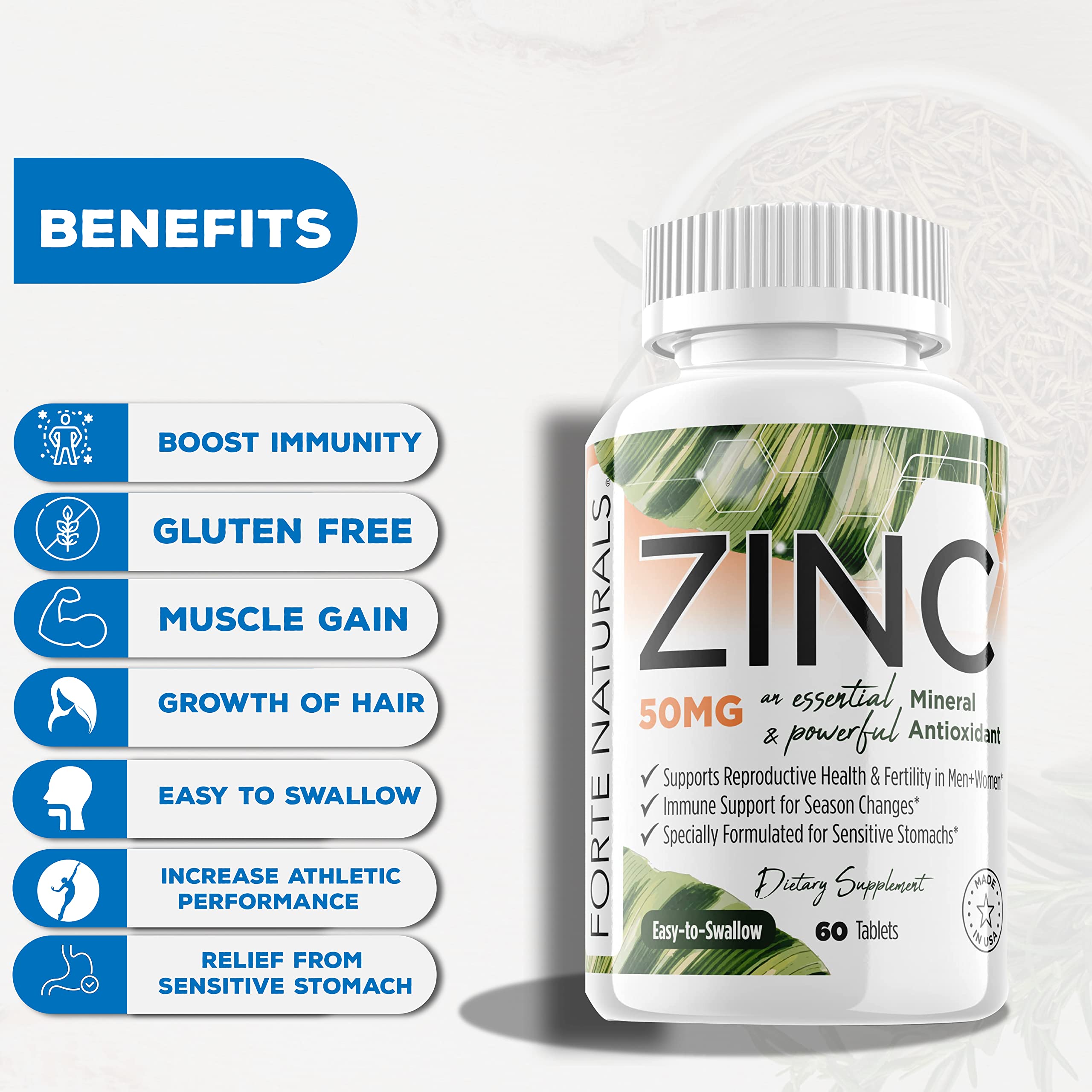 FORTE NATURALS Zinc 50mg Tablets for Sensitive Stomachs Gentle No Nausea Supplement Formula for GLP1 Users Easy-to-Tolerate Made in the USA 60 Tablets 2 Month Supply NO Tummy Trouble Supplements