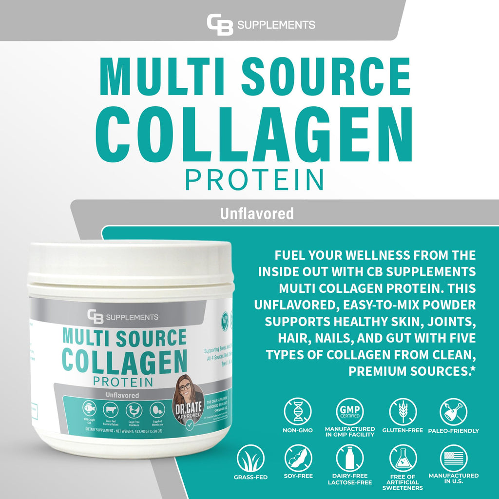 CB Supplements Multi Collagen Protein – Hydrolyzed Collagen for Joint, Skin, Gut, Hair & Nail Health – Unflavored Powder with Types I, II, III, V & X – Grass-Fed & Clean – 58 Servings