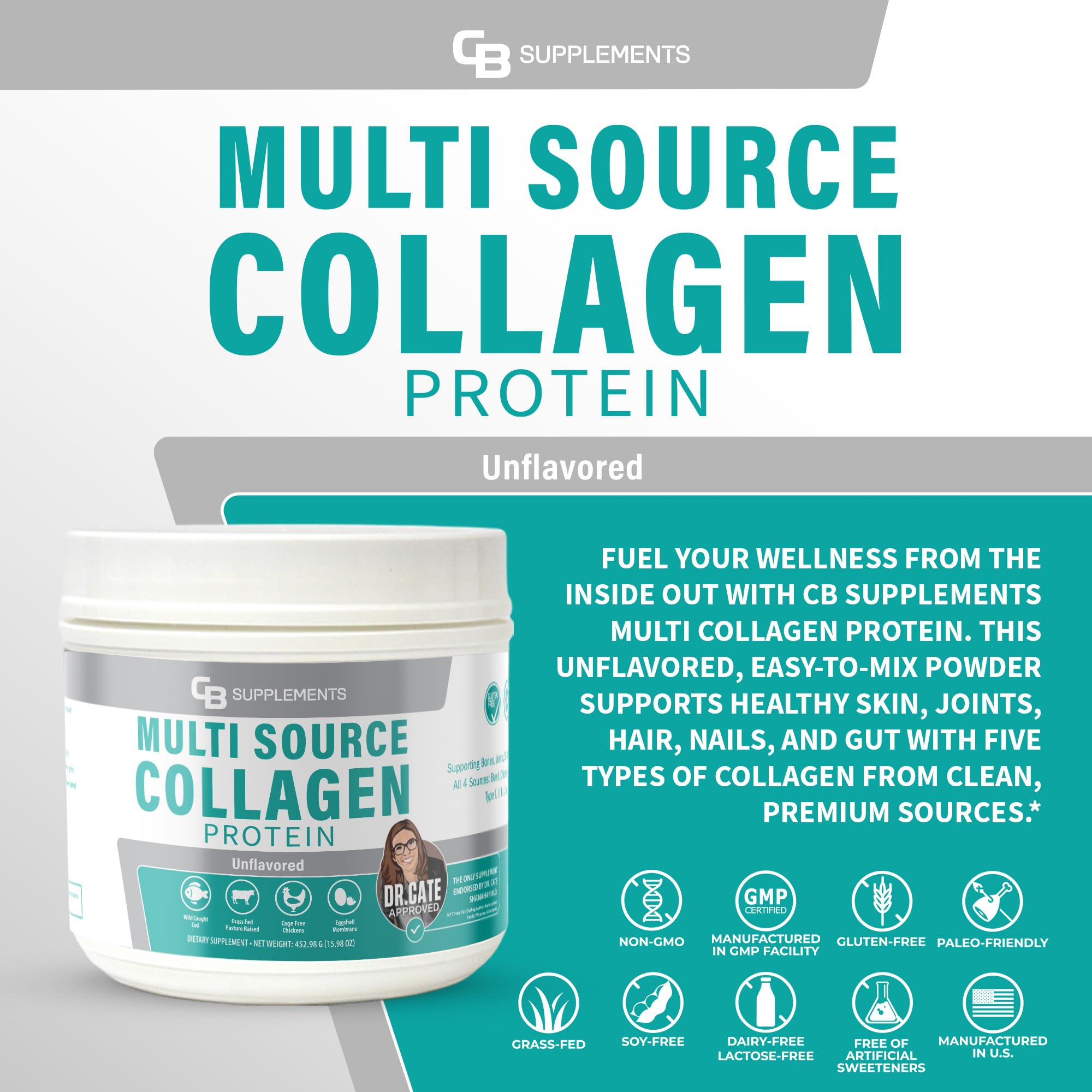 CB Supplements Multi Collagen Protein – Hydrolyzed Collagen for Joint, Skin, Gut, Hair & Nail Health – Unflavored Powder with Types I, II, III, V & X – Grass-Fed & Clean – 58 Servings