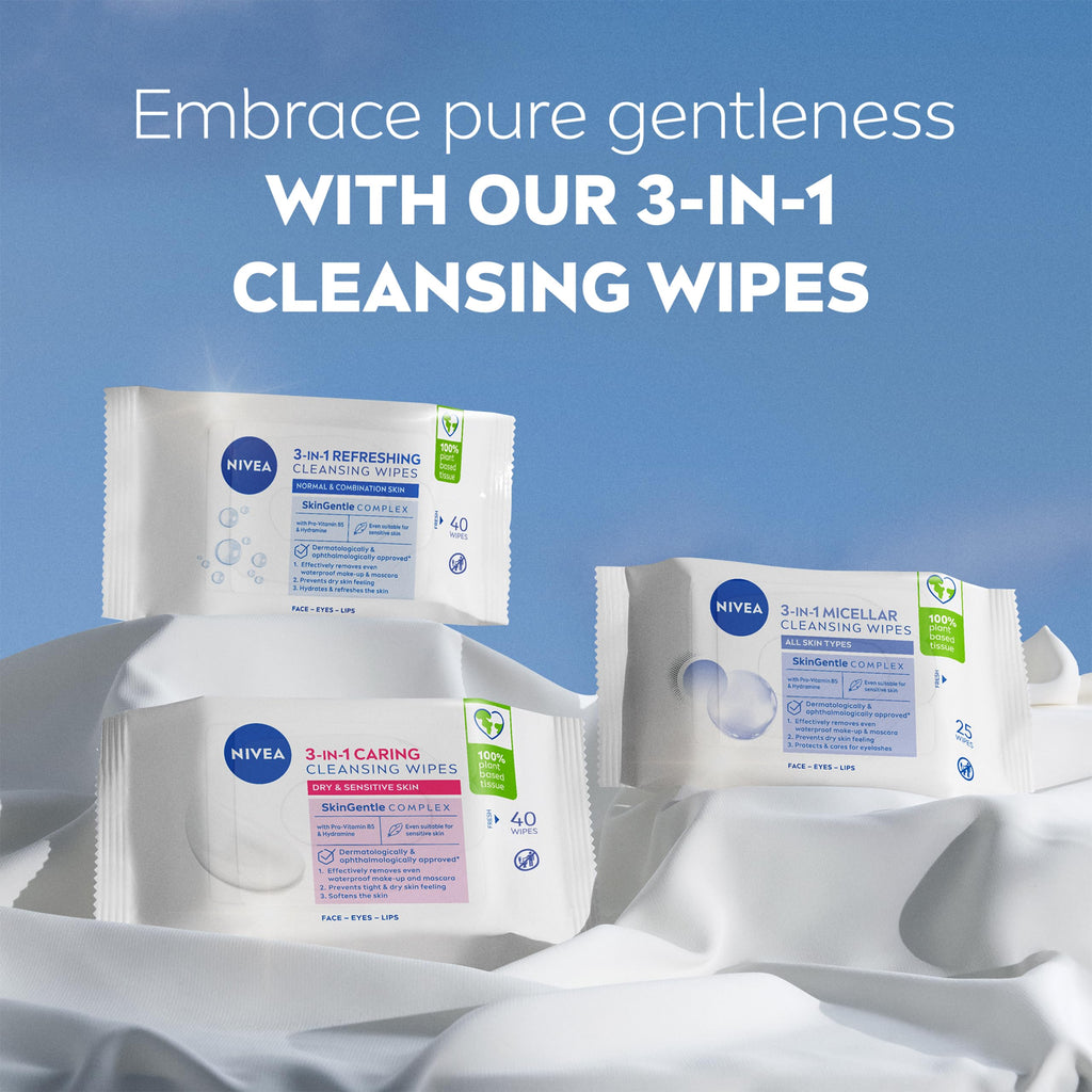 NIVEA 3in1 Caring Cleansing Wipes Dry Skin (40 Wipes), Plant-Based Makeup Remover Sheets, Face Wipes for Dry Skin, Gentle yet Effective Makeup Removal