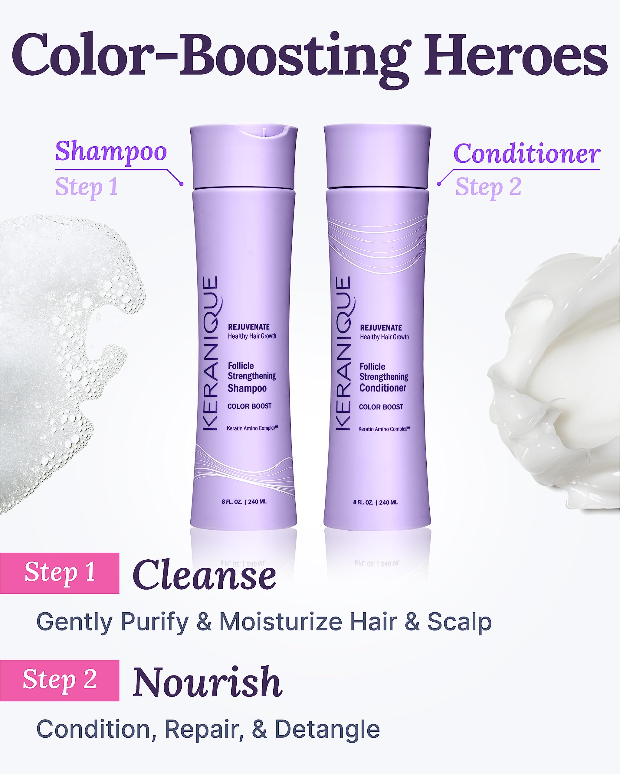Keranique Rejuvenate Color Boost Shampoo & Conditioner for Color-Treated Hair, Thinning Hair – Sulfate & Paraben Free with UV Protection – Helps Reduce Color Fade & Wash-Out – Keratin Amino Complex™