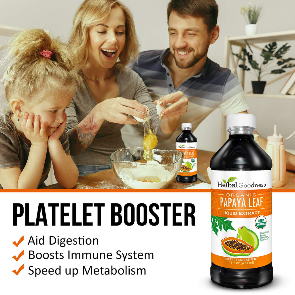 Herbal Goodness Papaya Leaf Extract Platelet Support - 15X Blood Platelet Boost, Bone Marrow & Spleen Support, Immune & Gut Health, Digestive Enzyme - Organic Kosher 16 oz Liquid Extract