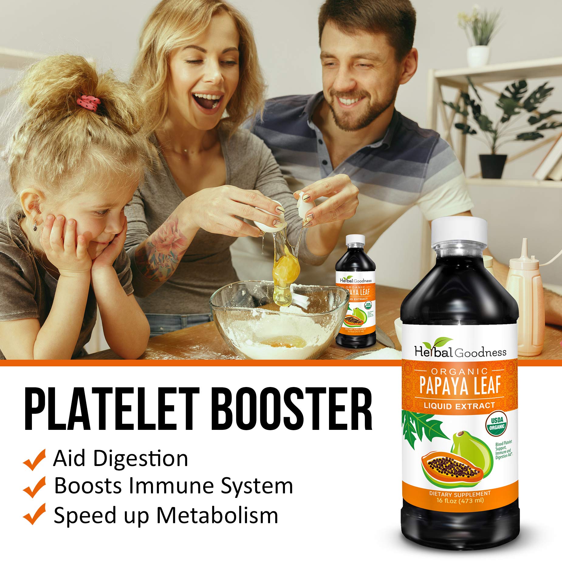 Herbal Goodness Papaya Leaf Extract Platelet Support - 15X Blood Platelet Boost, Bone Marrow & Spleen Support, Immune & Gut Health, Digestive Enzyme - Organic Kosher 16 oz Liquid Extract