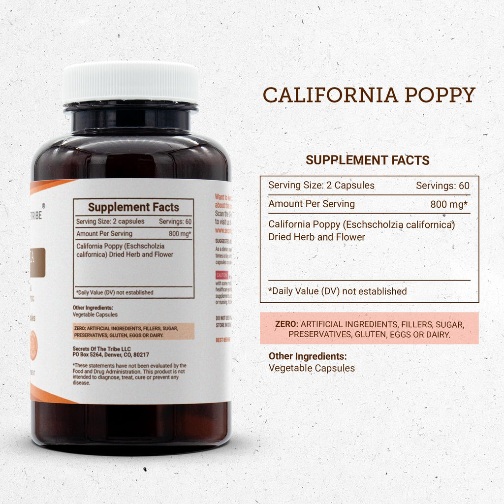 Secrets of the Tribe California Poppy 120 Capsules, 800 mg, California Poppy (Eschscholzia Californica) Dried Herb and Flower (120 Capsules)