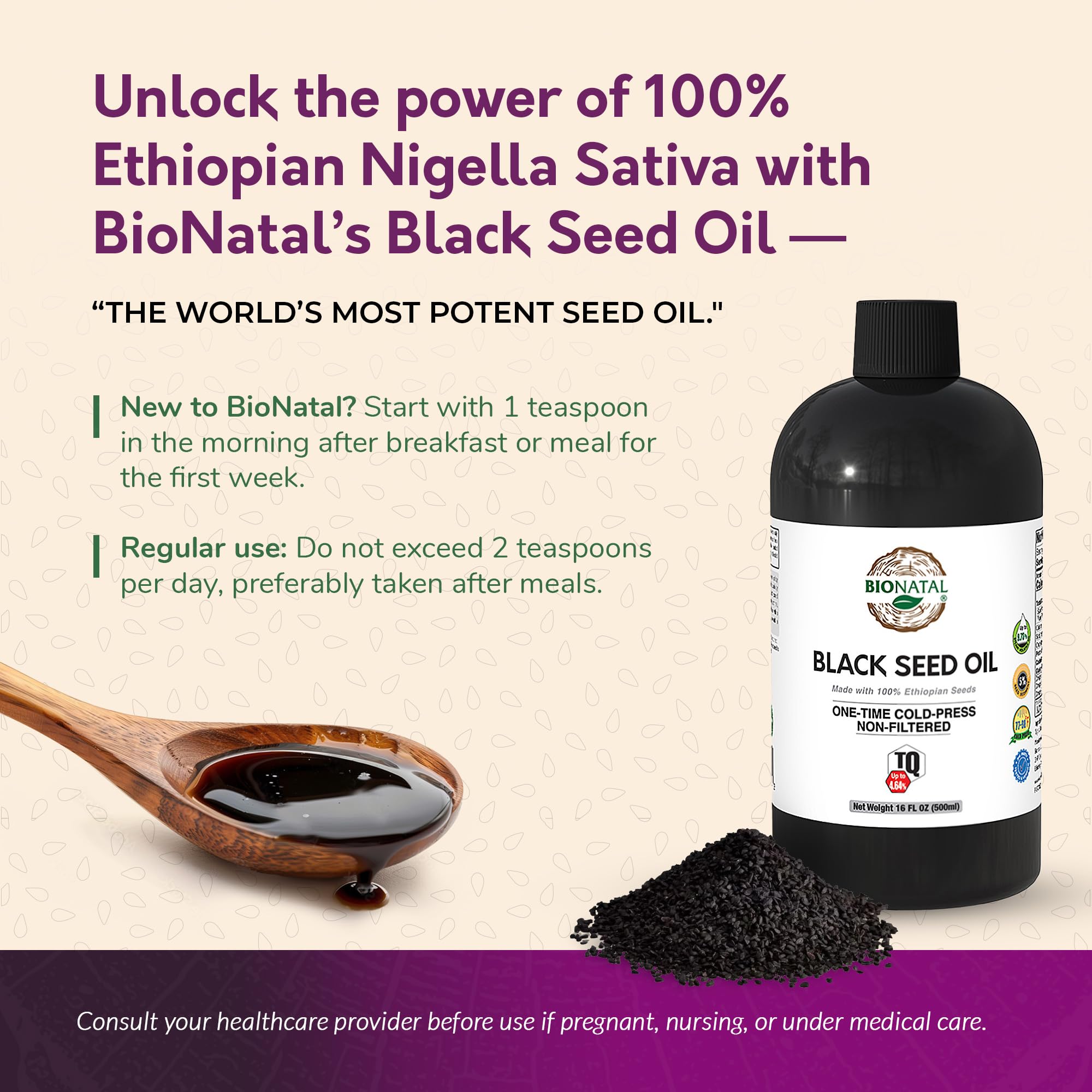 BioNatal Ethiopian Black Seed Oil 16oz PET/Plastic Bottle – Cold Pressed Nigella Sativa, Black Cumin Seed Oil, Unrefined & Non-Filtered, High TQ Up to 4.64% – Supports Immune System, Digestive