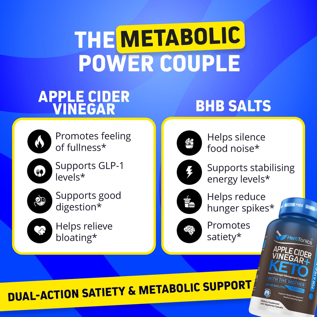 Herbtonics Apple Cider Vinegar + Keto BHB Capsules | GLP-1 Support for Appetite, Cravings & Weight Management | Metabolism Support with Satiety Support | 240 Capsules - 4 Month Supply