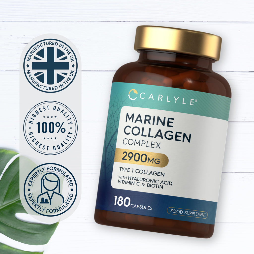 Marine Collagen Capsules 2900mg with Hyaluronic Acid | Type 1 Hydrolysed Peptides | 100% Marine Collagen | with Vitamin C, E, Biotin, Zinc, Turmeric Extract & Black Pepper | 180 Count | by Carlyle