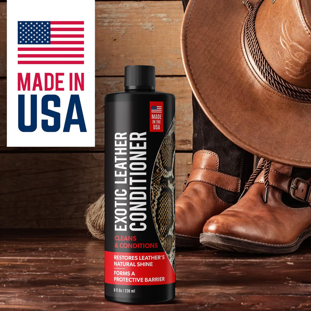 Exotic Leather Conditioner for Boots — 3-in-1 Cleaner, Conditioner & Protectant for Ostrich, Python, Lizard, Caiman & Snakeskin, Leather Boot Care Kit for Cowboy Boots, 8 fl oz Spray, Made in USA