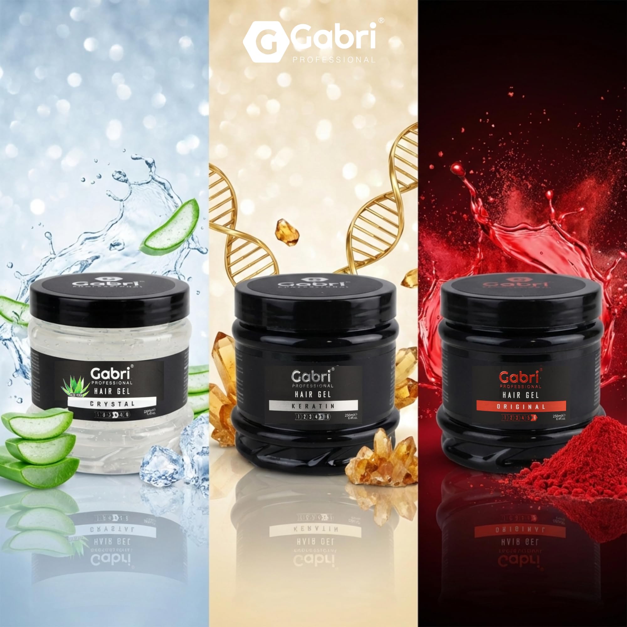Gabri Hair Styling Gel, Firm Hold Styling Hair Gels, High Gloss, Anti-Frizz Effect, Edge Control, For All Hair Types (250 g (1 Pack), Keratin)