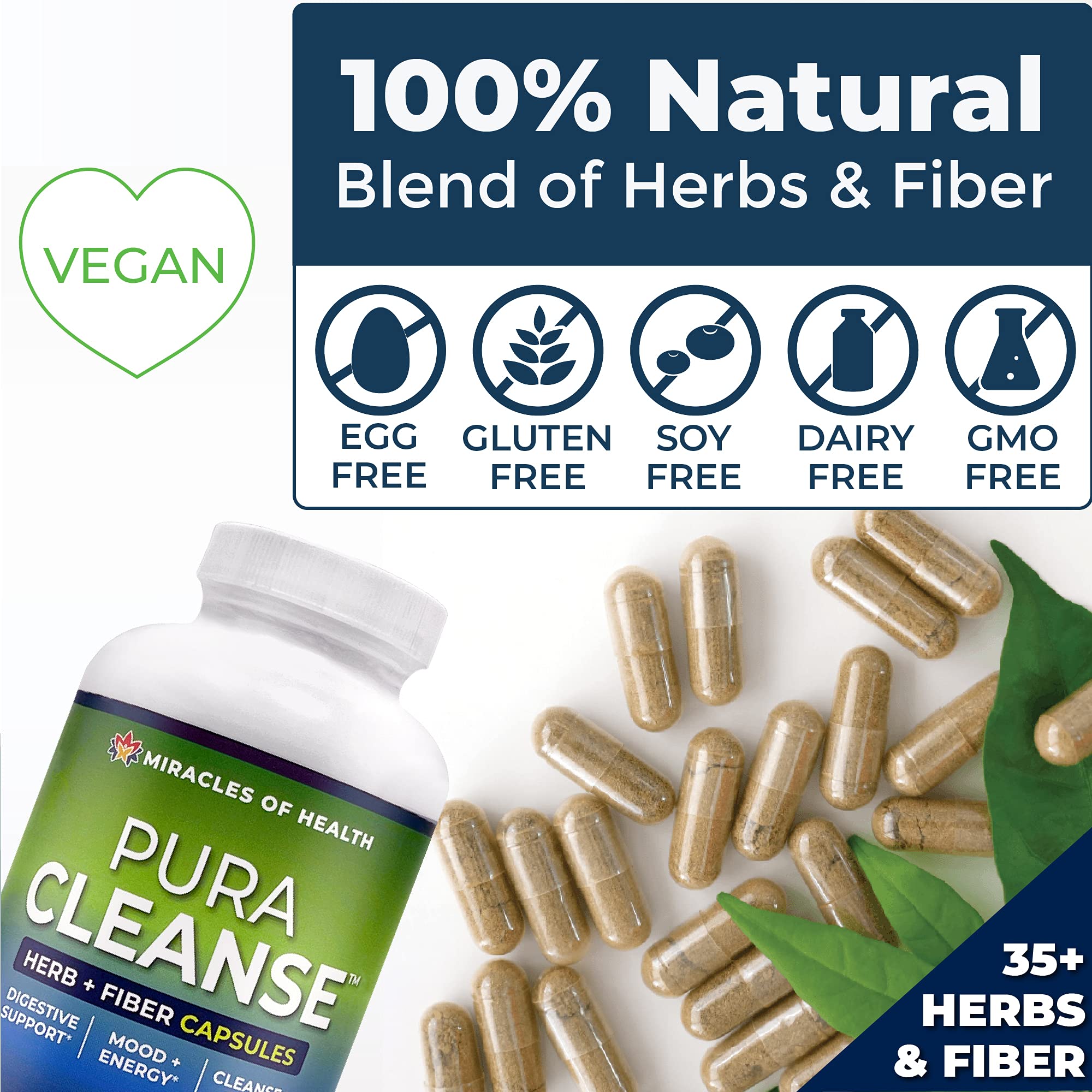 Miracles of Health Pura Cleanse Fiber Caps | 100% Natural Herb and Fiber Detox Capsules - Daily Cleanse and Detox for the Colon, Skin, Lungs and Kidneys - 1 Month Supply