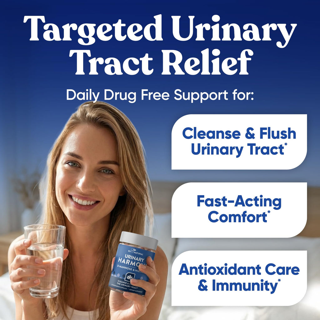 Eu Natural Urinary Harmony D-Mannose Supplement - Urinary Tract Health for Women - Fast-Acting Urinary Cleanse & Flush with Clinical-Strength D-Mannose & Hibiscus - 60 Capsules