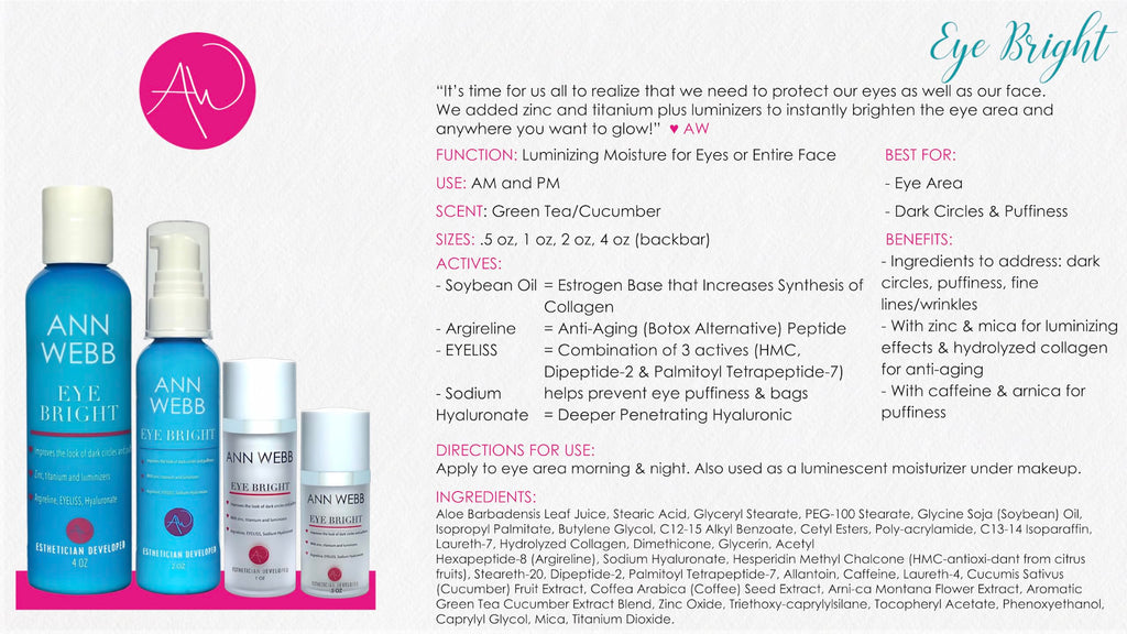 Ann Webb Eye Bright Cream - Anti Aging Eye Cream w/Collagen Peptides & Hyaluronic Acid for Dark Circles, Firms Fine Lines 2oz