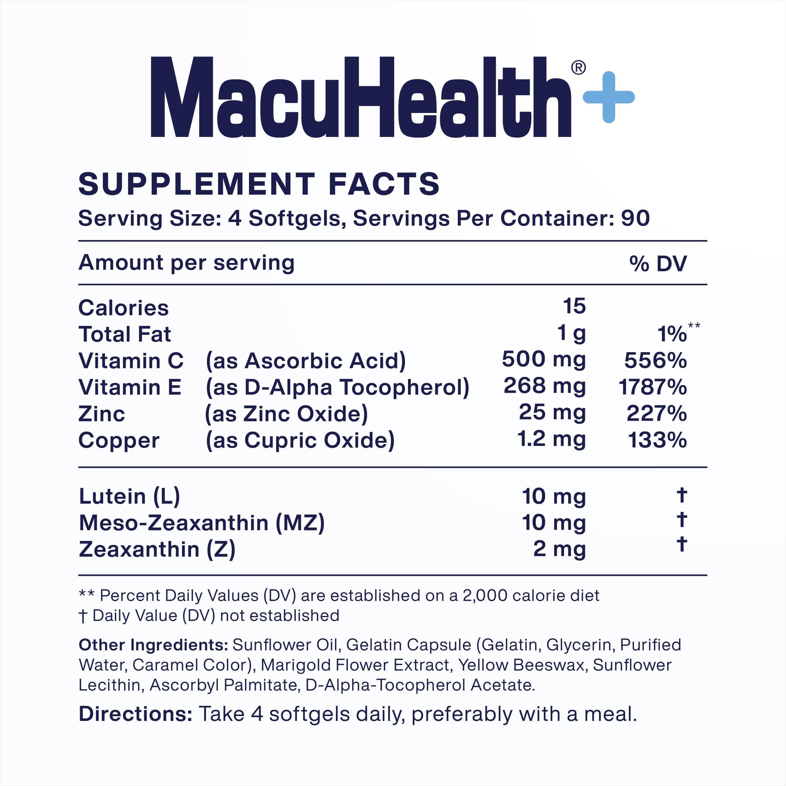 MacuHealth Plus+ Eye Vitamins Supplement for Adults - 90 Day Supply with Lutein, Zeaxanthin, and Meso-Zeaxanthin - Unflavored, Vitamin for Eyes