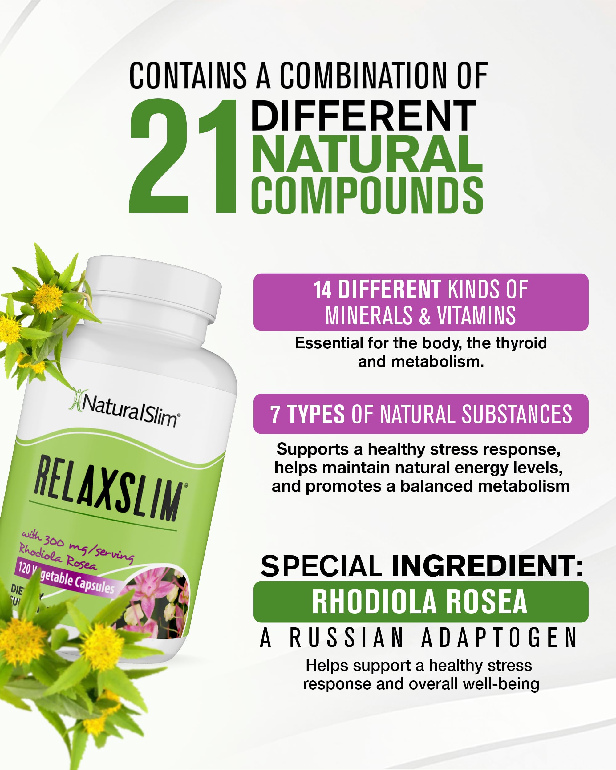 NaturalSlim Relaxslim Rhodiola Rosea & Adaptogenic Herb for Brain, Mood, Metabolism, Tension & Energy Support Supplement - 21 Different Natural Compounds Help Control Appetite - 120 Capsules