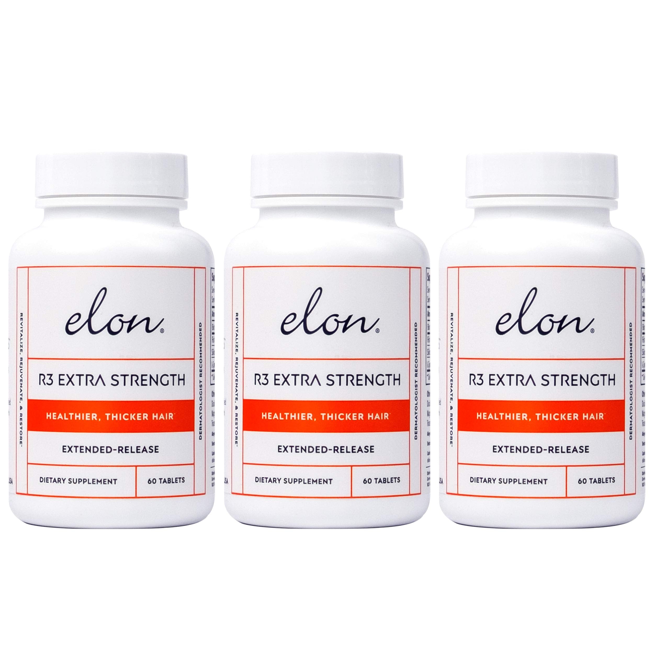 Elon R3 Extra Strength for Hair Growth - Supplements for Women to Grow Thicker, Fuller Hair, Advanced Formula with 5000 mcg Biotin Per Serving & Collagen, 60 Count (Pack of 3)