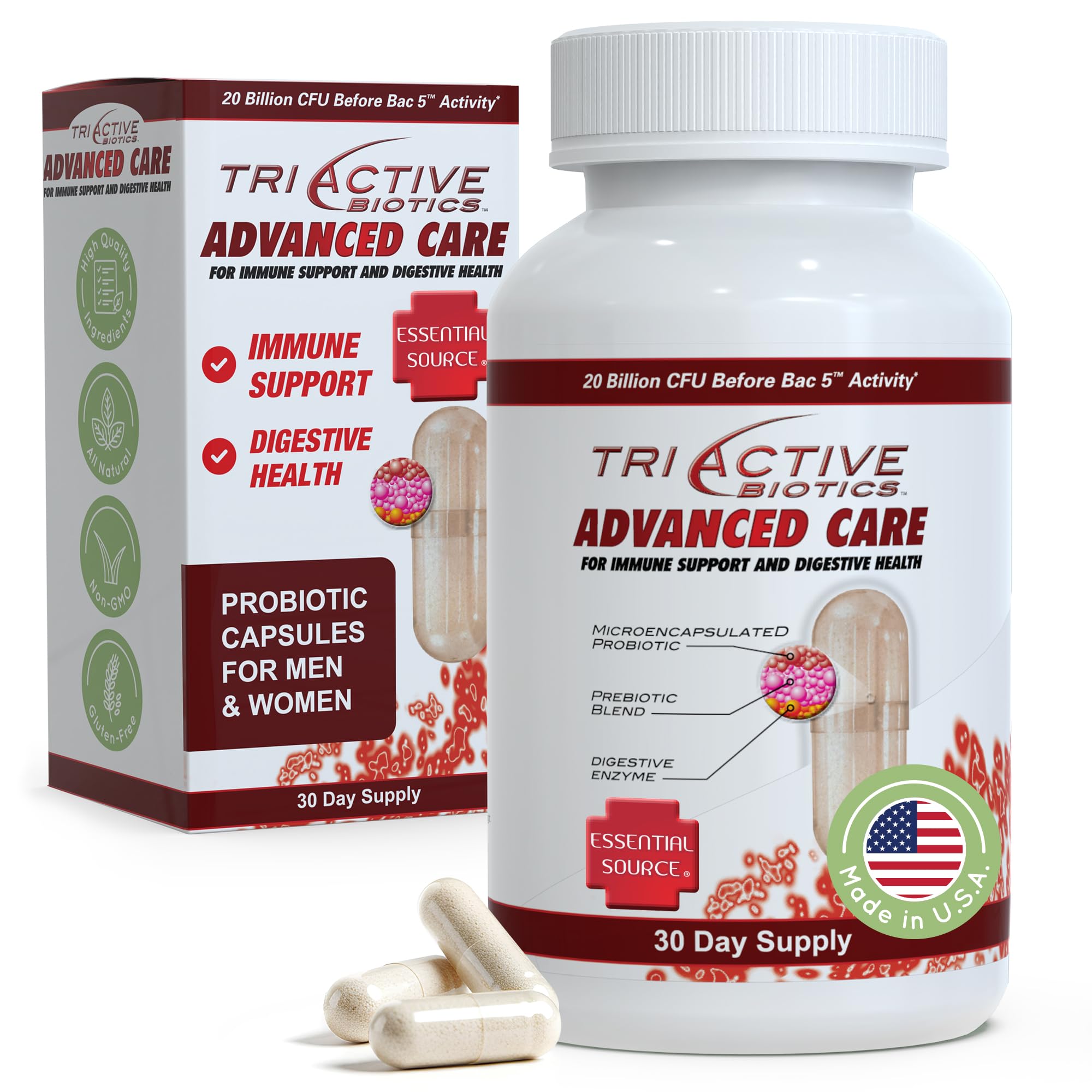 Essential Source TriActive Biotics Advanced Care - 20 Billion CFU Probiotics for Digestive Health, Immune Support Supplement, Microencapsulated Probiotics for Women & Men, 30 Ct Capsules