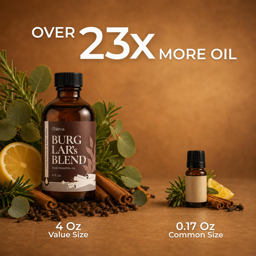THIEVA Burglar’s Blend Essential Oil 4 oz – USDA Organic Pure Oil Blend for DIY Household Cleaning Seasonal Home Wellness and Diffuser Aromatherapy