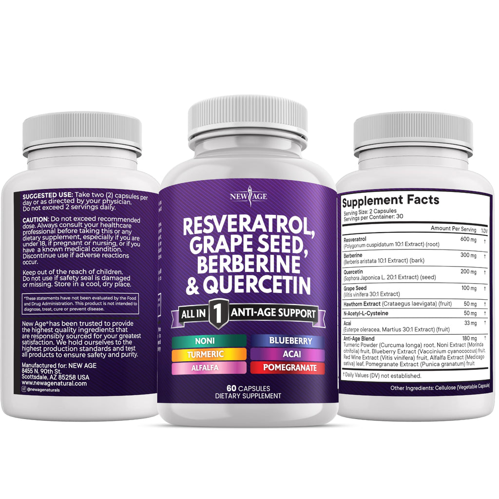 NEW AGE Resveratrol, Berberine, Grape Seed Extract, Quercetin, Supplement for Women and Men with Noni, N-Acetyl Cysteine, Acai - 120 Capsules