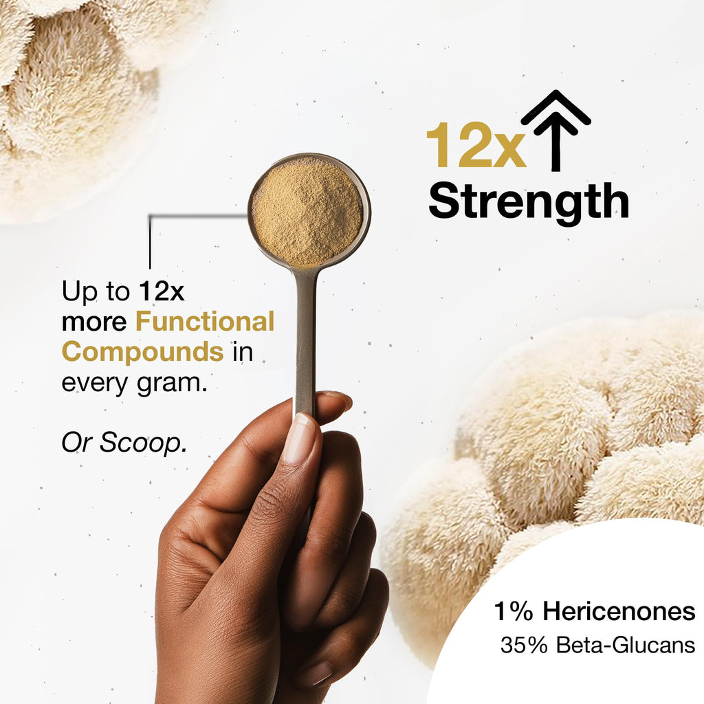 Organic Lions Mane Supplement Powder | 12X Strength | 3 Month Supply | NGF | Focus Plus | 6000mg | Dual Extract | Soil Association Certified | NGF | 1% Hericenones | 35% Beta-Glucans