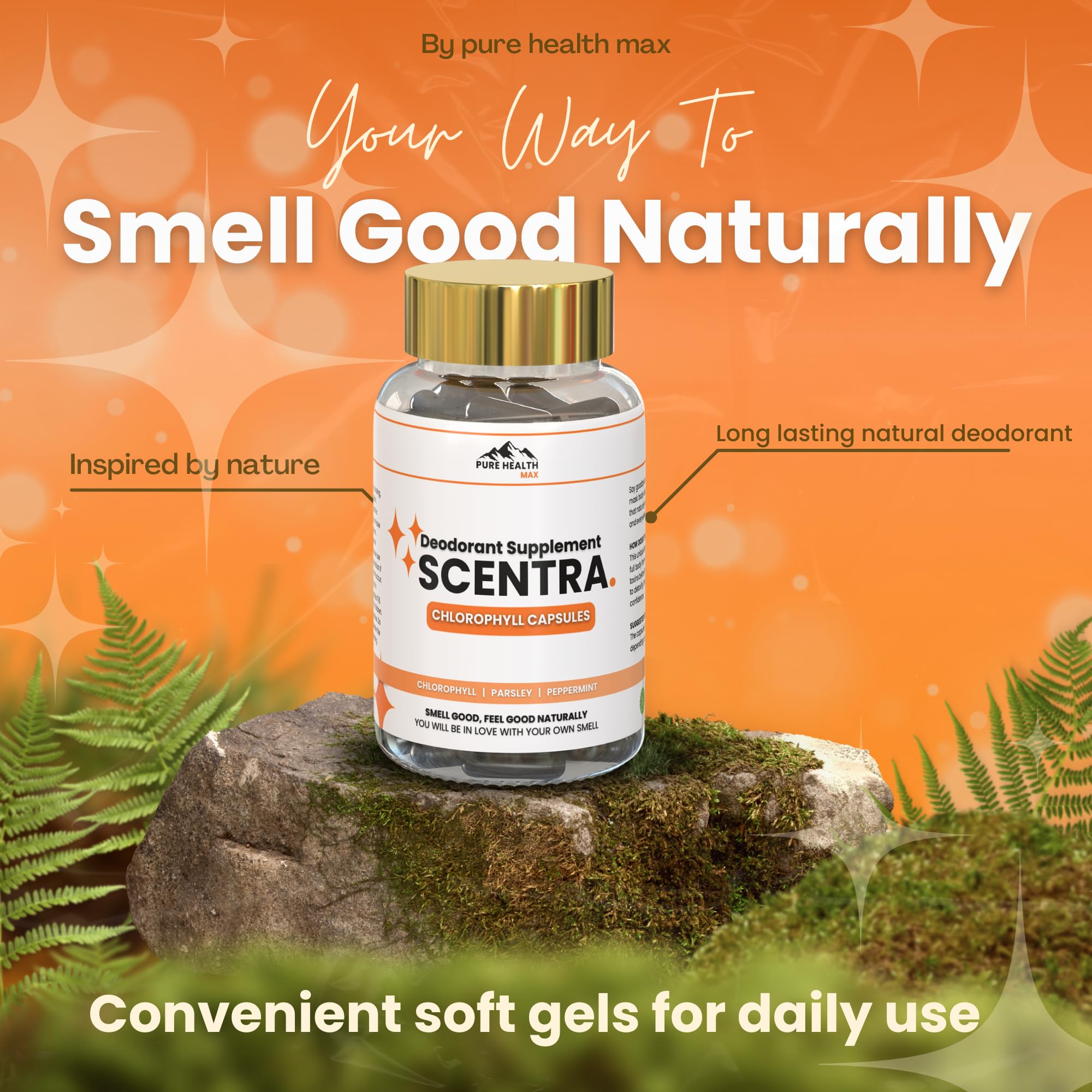 Scentra Deodorizing Supplement | Chlorophyll Capsules for Women and Men, Full Body Deodorant Pills | Natural Internal Odor Defeat Supplements, 60 Tablets for Breath, Underarm, Skin with Mint & Parsley