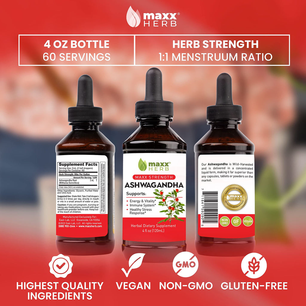 Maxx Herb Ashwagandha Extract – Max Strength Liquid Tincture Absorbs Better Than Capsules or Powder - for Stamina, Memory, & Immune Support - 4 Oz Bottle (60 Servings)