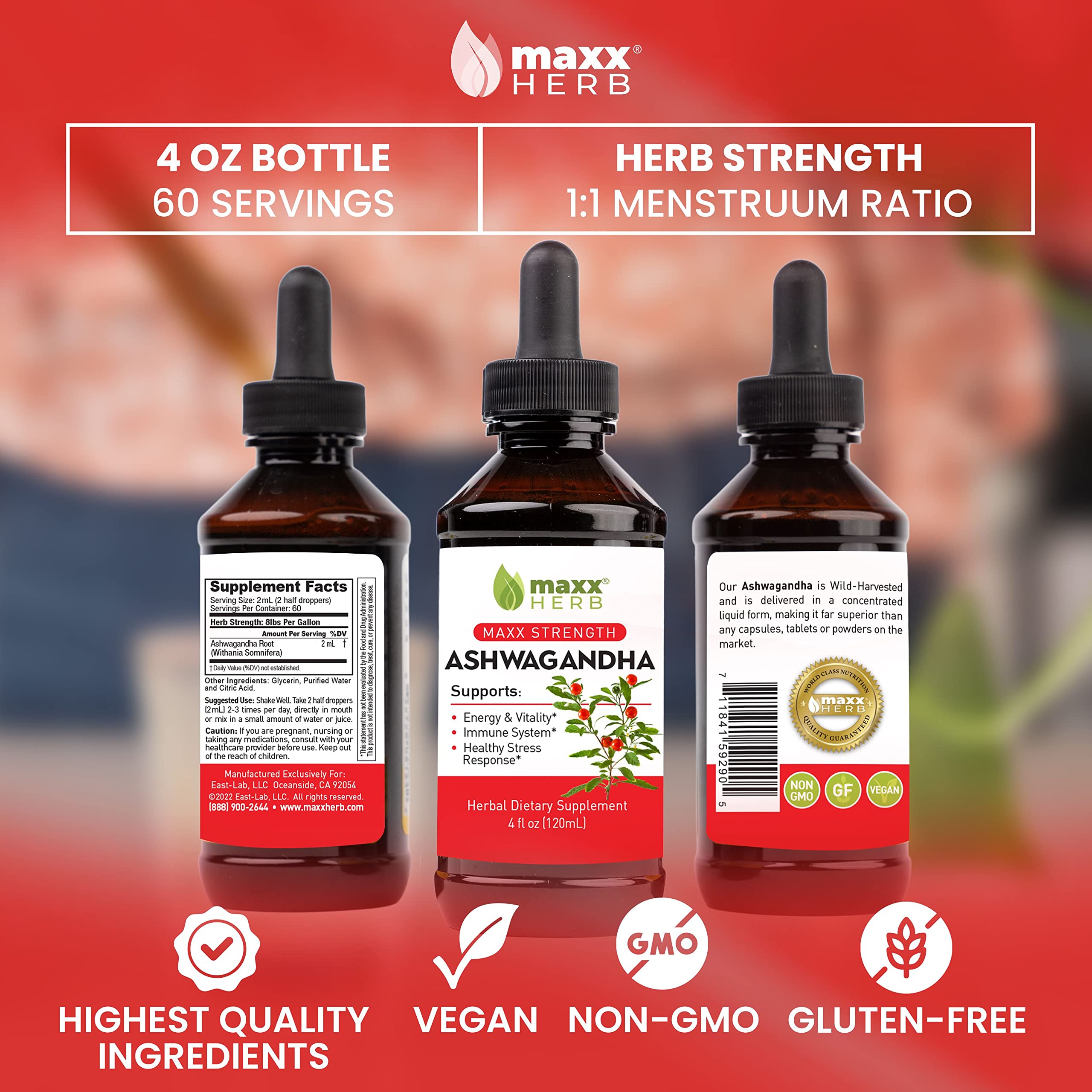 Maxx Herb Ashwagandha Extract – Max Strength Liquid Tincture Absorbs Better Than Capsules or Powder - for Stamina, Memory, & Immune Support - 4 Oz Bottle (60 Servings)
