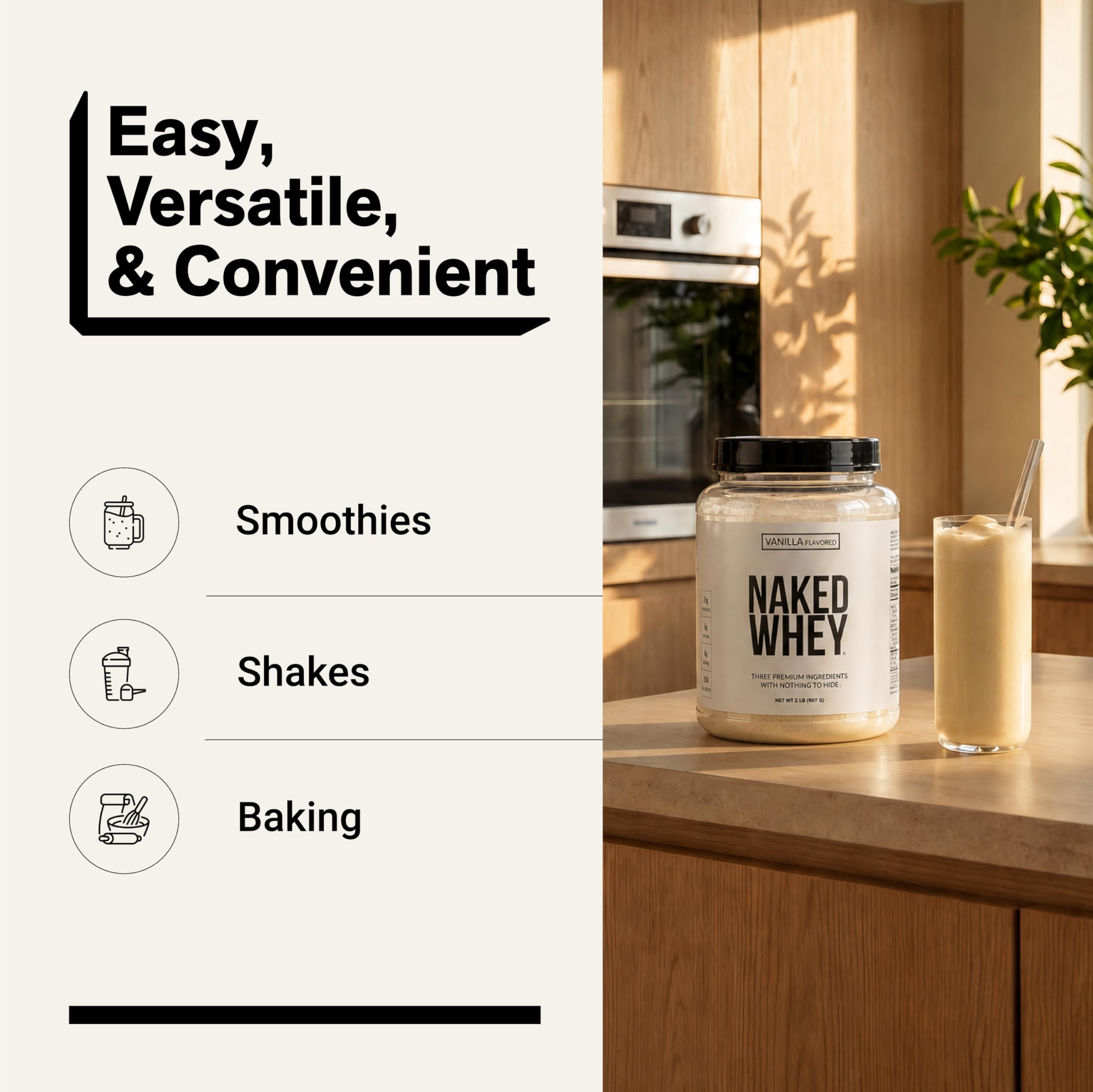 NAKED Whey Vanilla Protein Powder - Only 3 Ingredients - Grass Fed Whey Protein Powder, Vanilla Flavor, and Organic Coconut Sugar, NSF Certified, No GMO, No Soy, and Gluten Free - 24 Servings