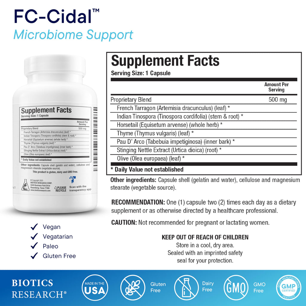 BIOTICS RESEARCH FC Cidal™ Herbal Blend Complete GI Gut Health for Women & Men- 500 mg/Serving - 7 Herbs Proprietary Blend Supplement Supports Healthy GI Function and Microbial Balance 120 Capsules