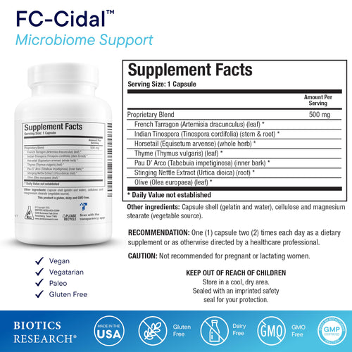 BIOTICS RESEARCH FC Cidal™ Herbal Blend Complete GI Gut Health for Women & Men- 500 mg/Serving - 7 Herbs Proprietary Blend Supplement Supports Healthy GI Function and Microbial Balance 120 Capsules