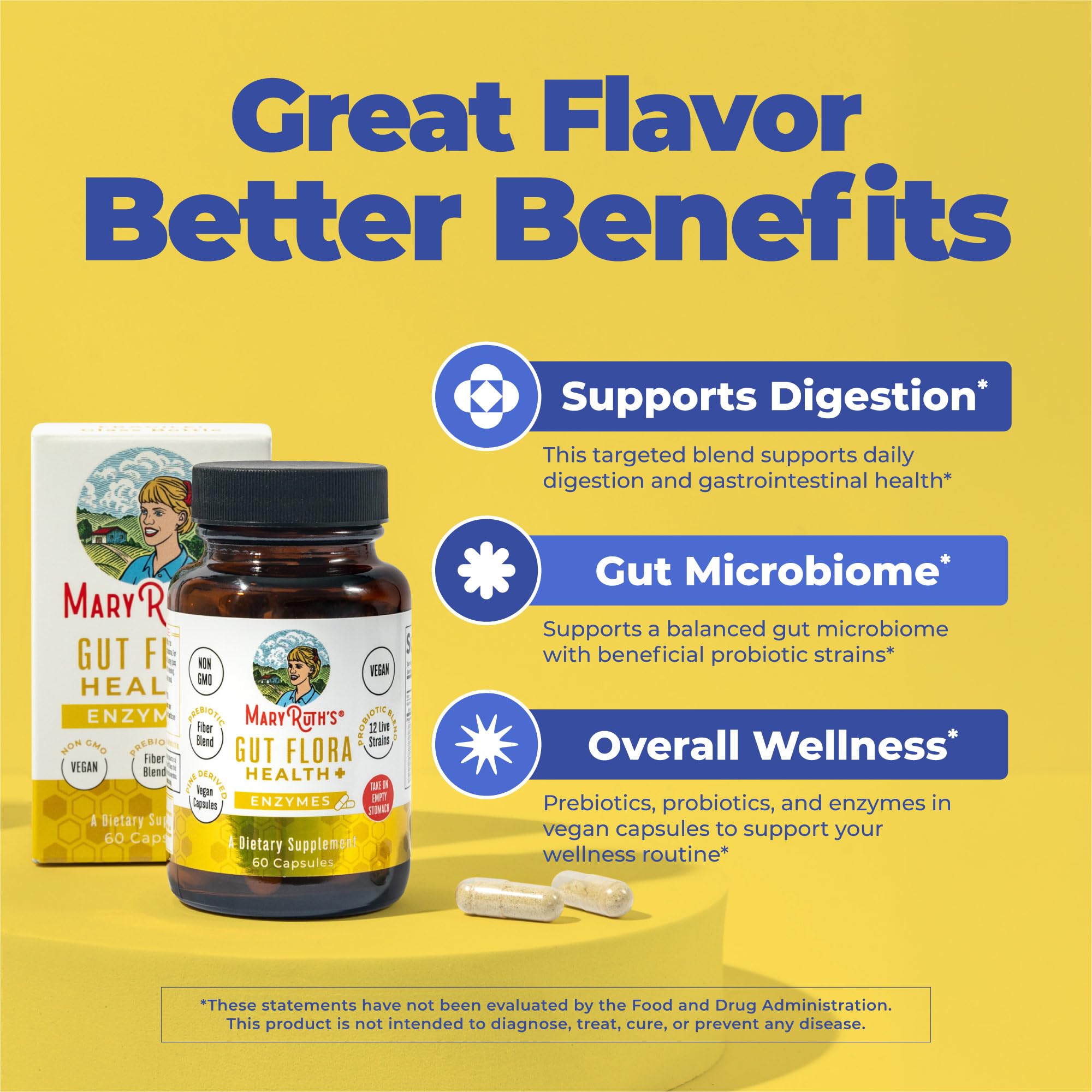 MARYRUTH'S Gut Flora Health+ Enzymes | Prebiotic & Probiotic Digestive Enzymes for Healthy Gut Biome & Digestive Support | Gastrointestinal Health | CLP Certified | 60 Capsules | 2 Month Supply