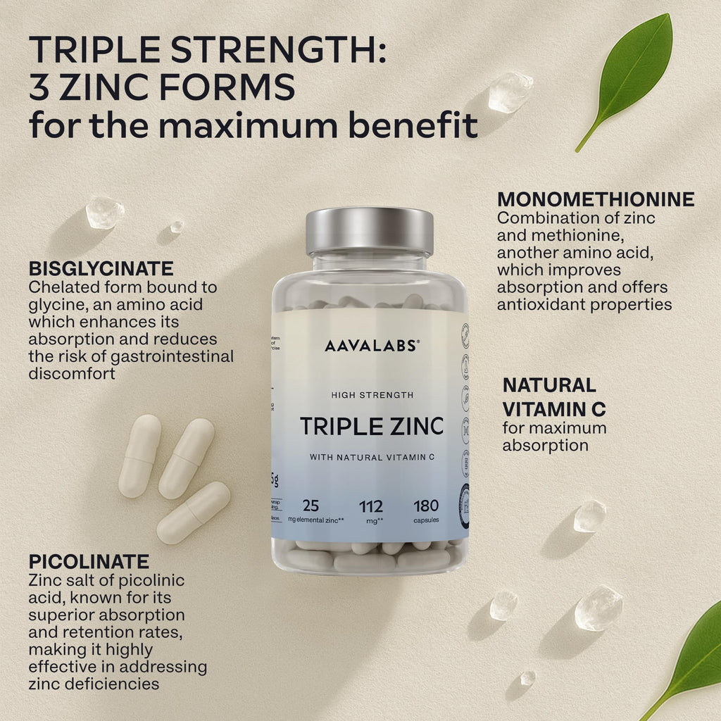Triple Zinc Supplements for Men and Women - 25mg - with Natural Vitamin C - Zinc Picolinate, Bisglycinate and Monomethionine - 180 Capsules - 6 Months Supply