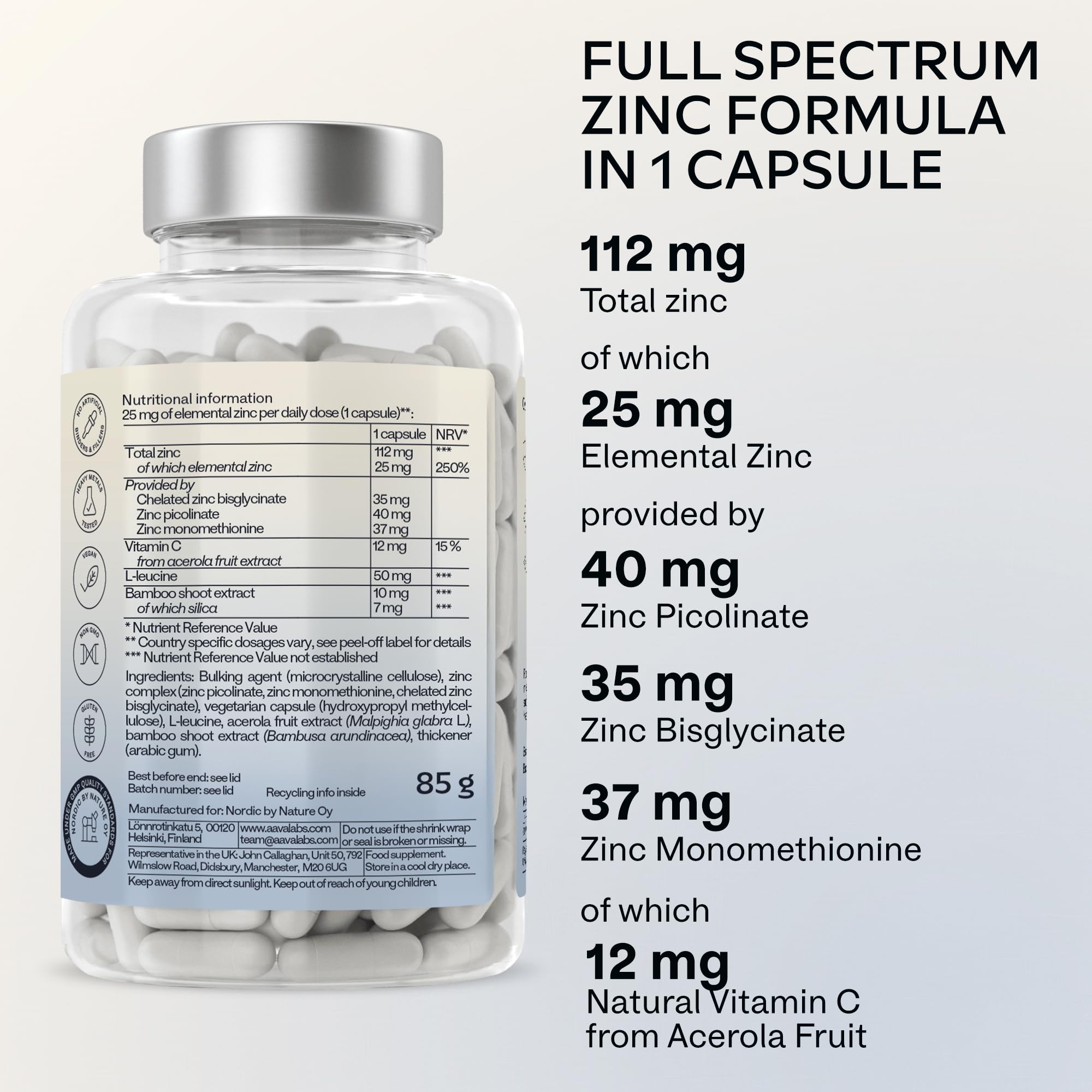 Triple Zinc Supplements for Men and Women - 25mg - with Natural Vitamin C - Zinc Picolinate, Bisglycinate and Monomethionine - 180 Capsules - 6 Months Supply