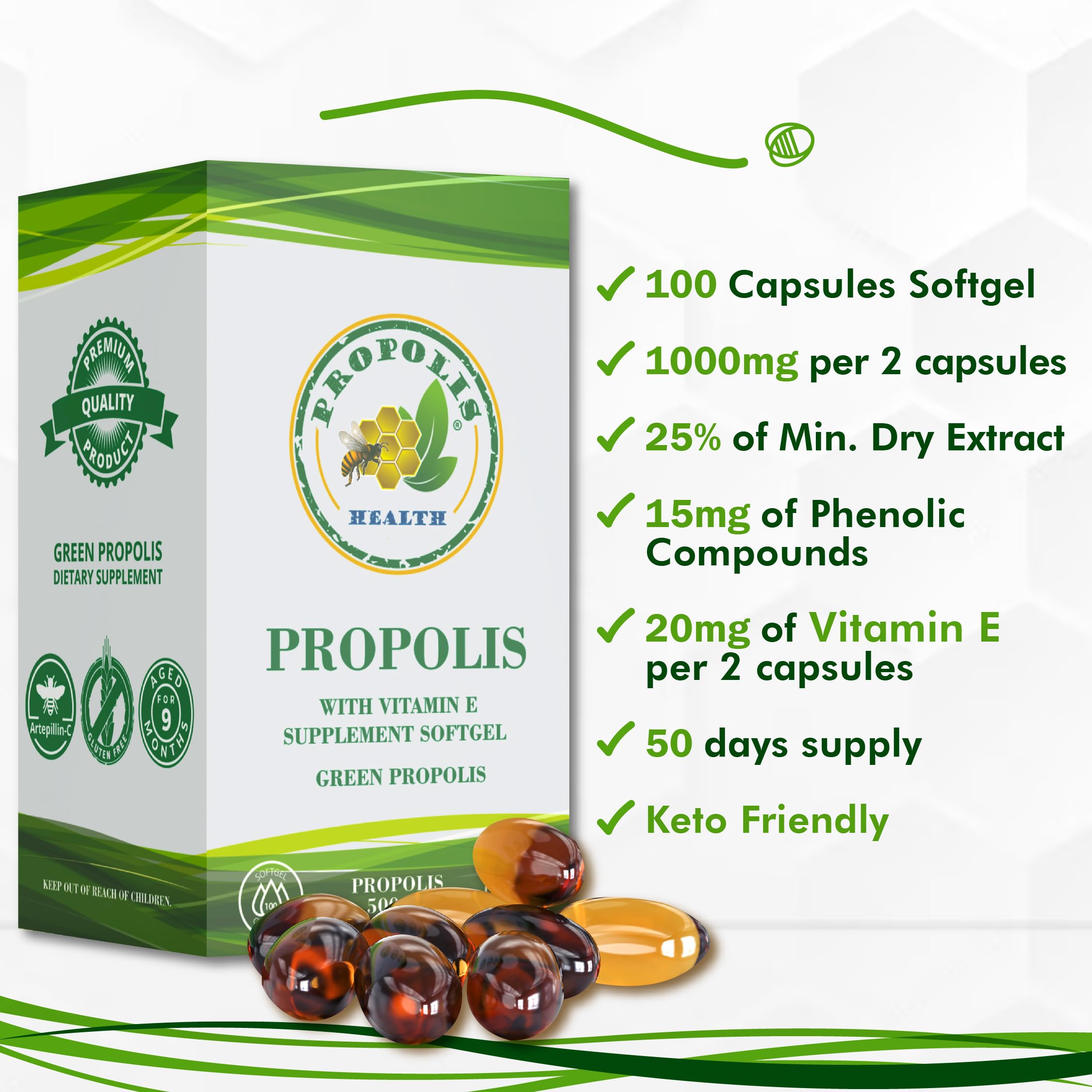 Propolis Health Propolis Capsules 1000mg-Daily with Vitamin E Per dose - Pure Brazilian Green Propolis Extract - Immune Booster 50 Days Supply -100 Capsules