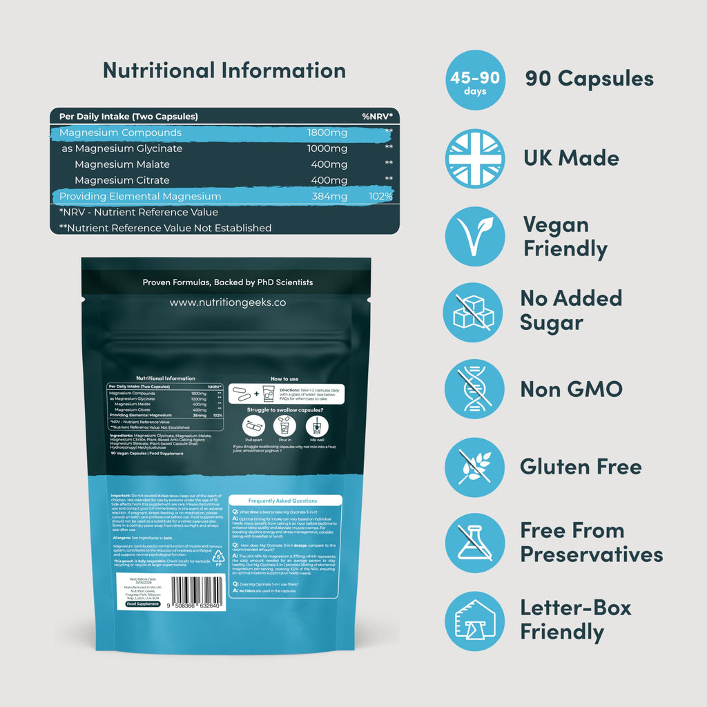Magnesium Glycinate 3-in-1 Complex - 1800mg Supplements as Bisglycinate, Citrate & Malate 90 Vegan Capsules, Triple High Absorption 384mg Elemental, UK Made