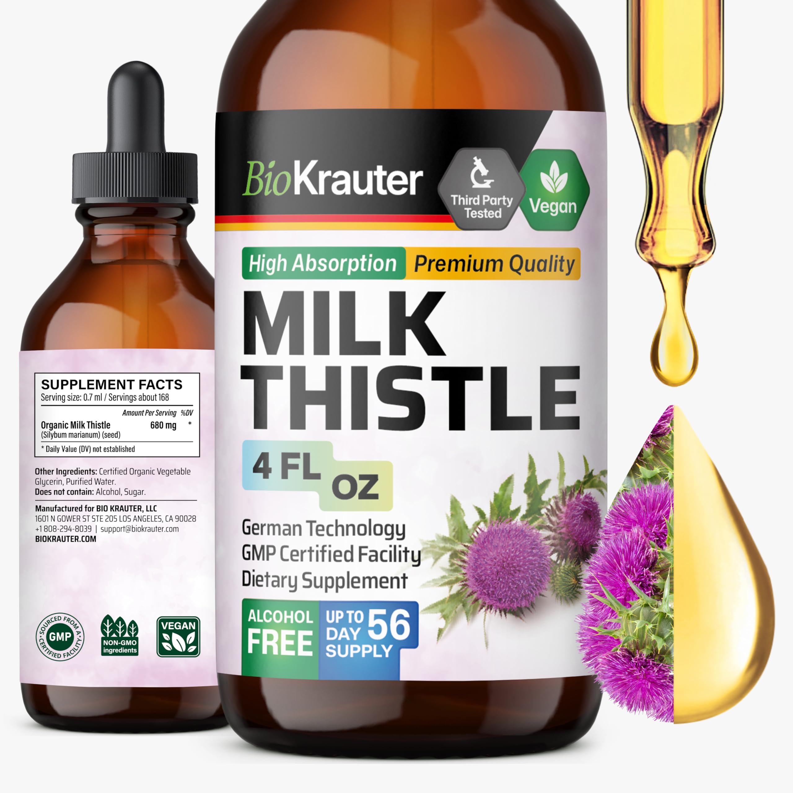 BIO KRAUTER® Milk Thistle Supplement for Liver Cleanse & Detox - Liquid Milk Thistle Extract Сontains Silymarin for Digestive Support 4 Fl.Oz - Alcohol & Sugar Free, 56 Days of Supply