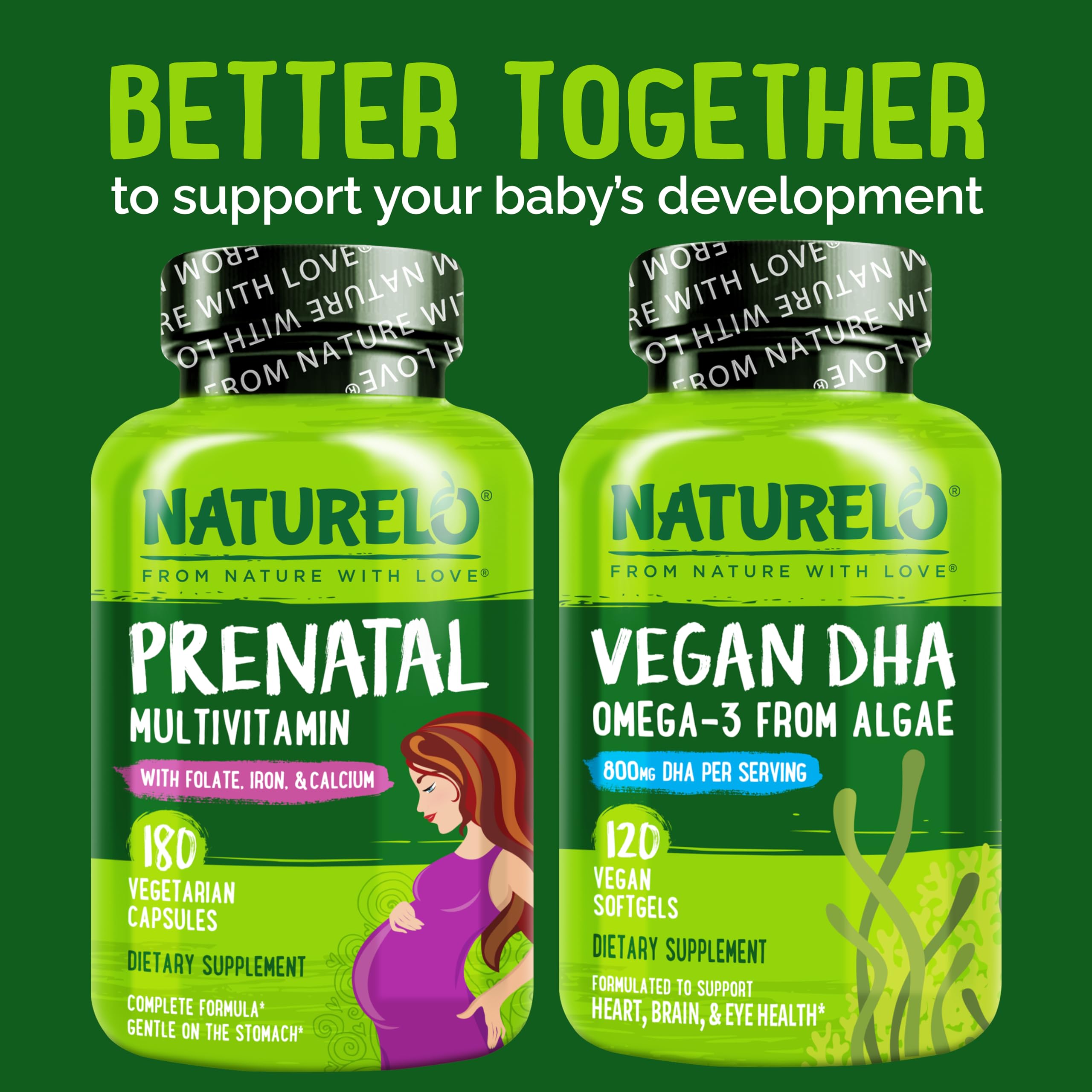 NATURELO Prenatal Multivitamin with Gentle Chelated Iron, Methyl Folate, Plant Calcium & Choline - Vegan, Vegetarian - Non-GMO - Gluten Free - 180 Capsules - 2 Month Supply
