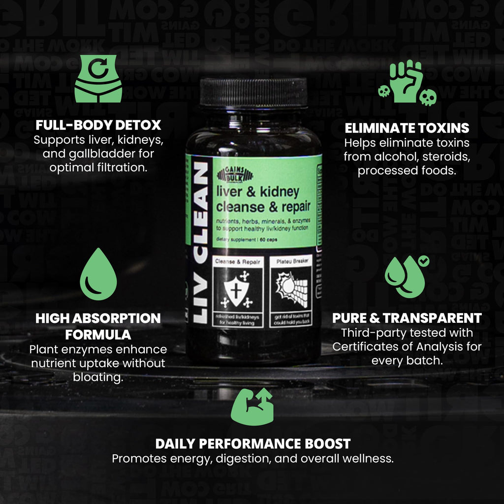 Gains in Bulk Liv Clean, Liver & Kidney Cleanse & Repair, Liver Support Supplement with Milk Thistle Extract, Dandelion Root, Digestive Enzymes, Organic Minerals and Nutrients, 60 Vegetarian Capsules